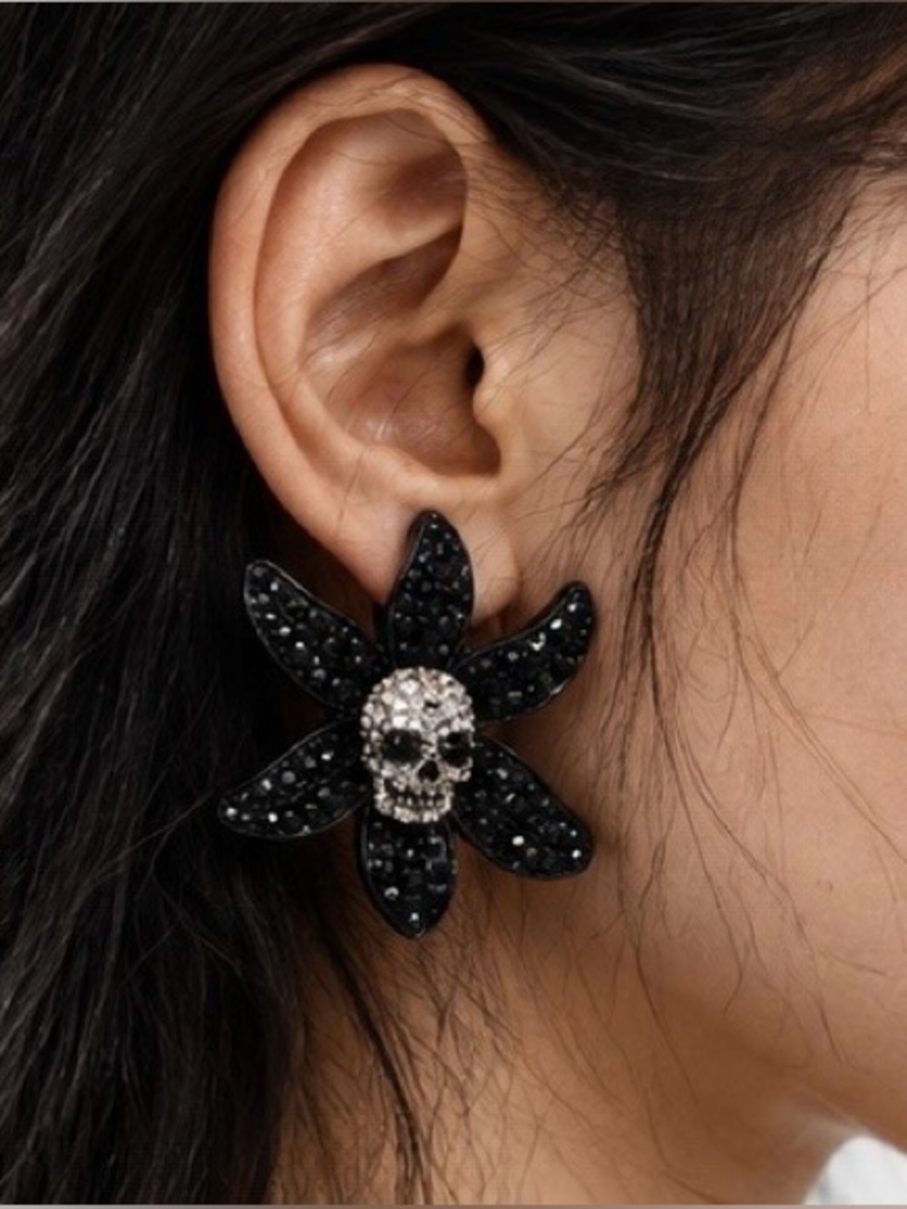 Zara Black Rhinestone Skull Flower Halloween Earrings NWT